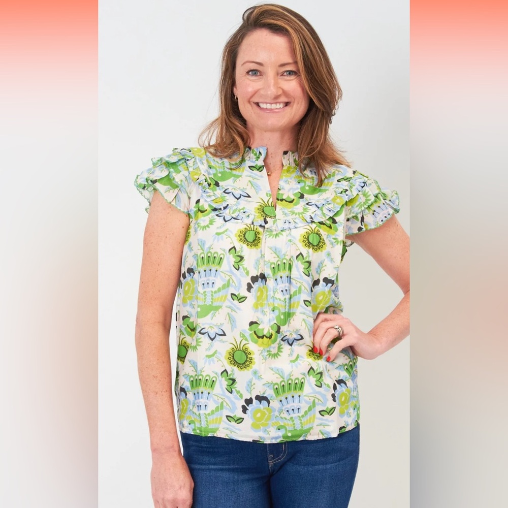 CK Bradley Floral Ruffle Sleeve Top - Green and White